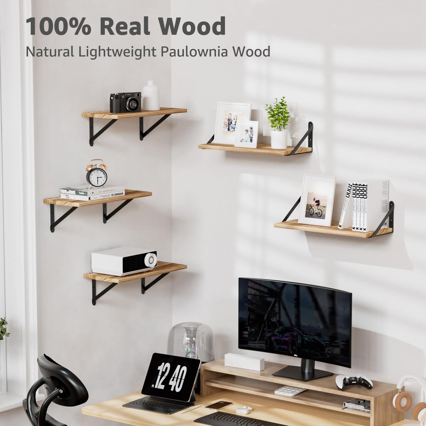 COCOYA Wall Shelves 7.3" Deep Set of 5, Solid Paulownia Wood Wider Longer Sturdy Easy to Install Wall Mounted Bookshelves Storage Shelves Bathroom Home Office Laundry Room Bedroom Organizer