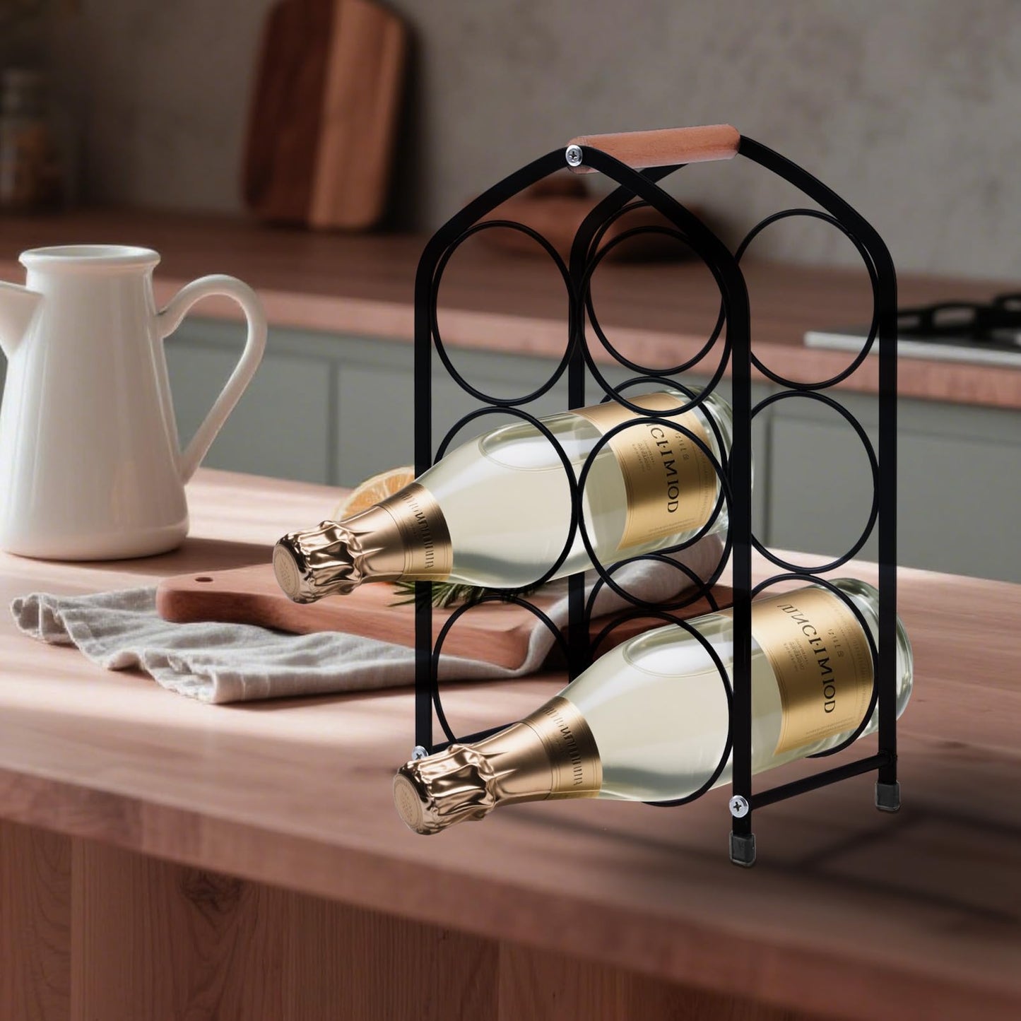Yaltar Wine Rack countertop Wine Bottle Holder Metal Wine Rack, Industrial Style Honeycomb Design 6-Bottle Wine Storage with Wooden Handle, Easy Installation,for Home Kitchen Bar/Cabinet