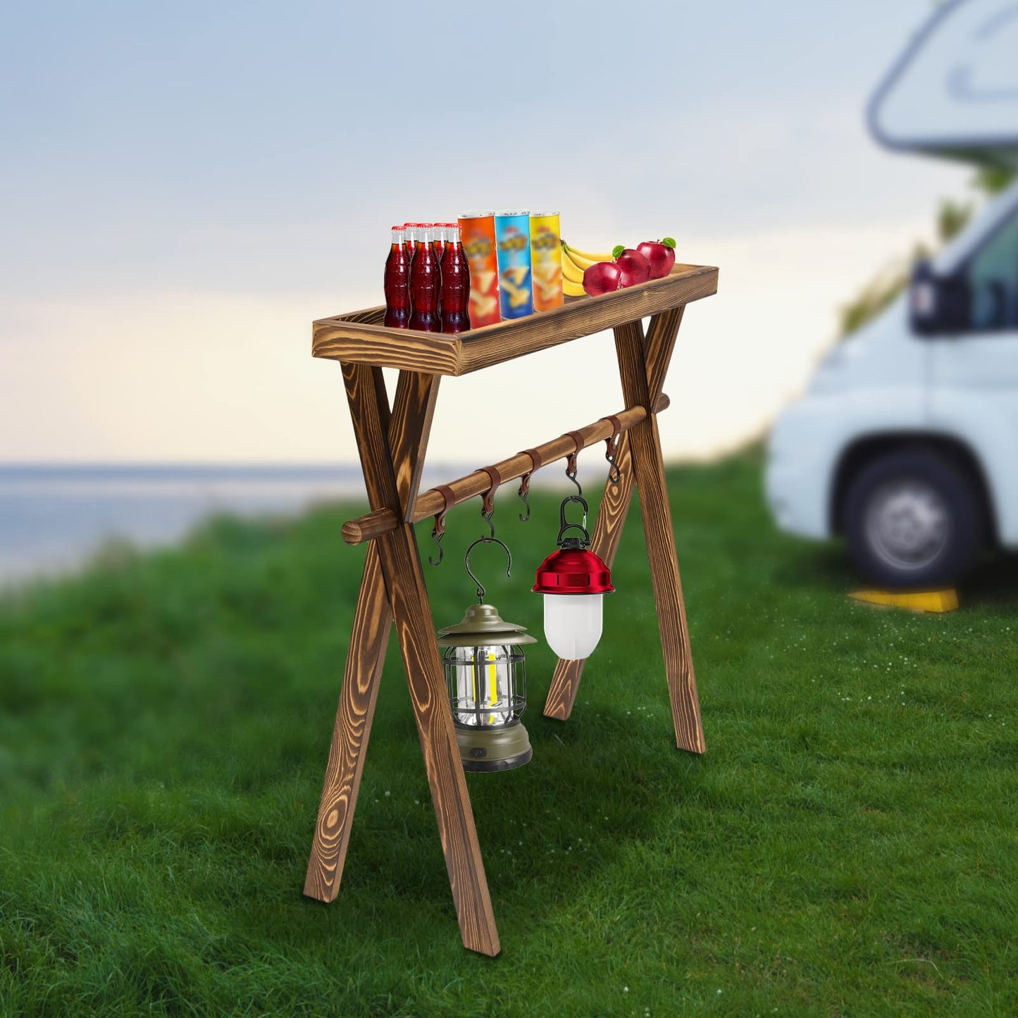 KONGKUNI Portable Wooden Picnic Rack, with hanging hook, Lightweight Wood Outdoor Shelf Foldable Travel Camping Table Rack for Storage,Outdoor Kitchen,RV Picnic,BBQ,Home Storage