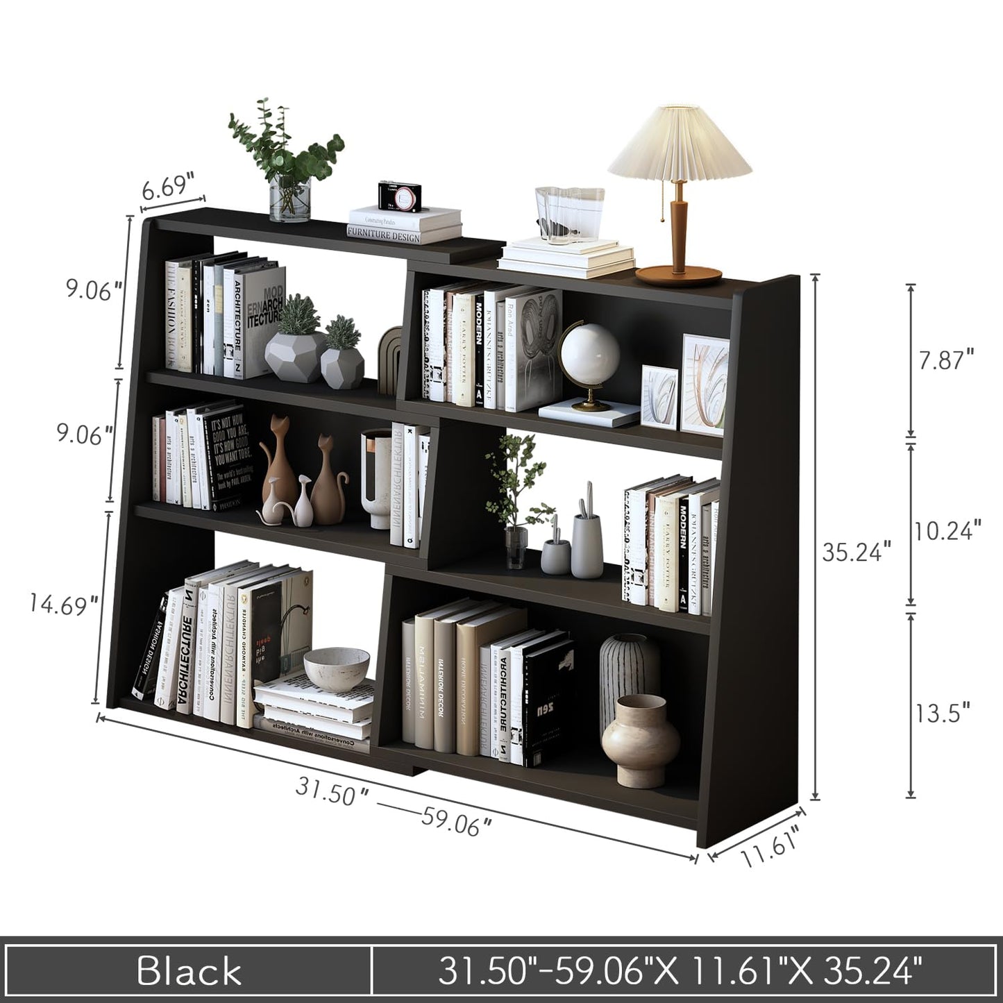 IOTXY Wooden Extendable Shelf Bookcase - 3-Tier Ladder Low Short Bookshelf for Small Space or Corner, Black, L