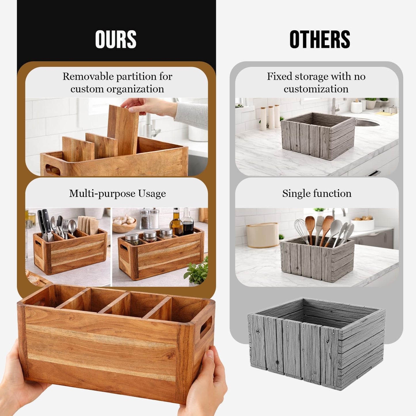 Paw-er Play Wooden Caddy Utensil Holder - Premium Acacia Wood Utensil Caddy with Sturdy Design for Easy Organization - Perfect Kitchen Utensil Organizer for Counters, Dining Tables, and Everyday Use
