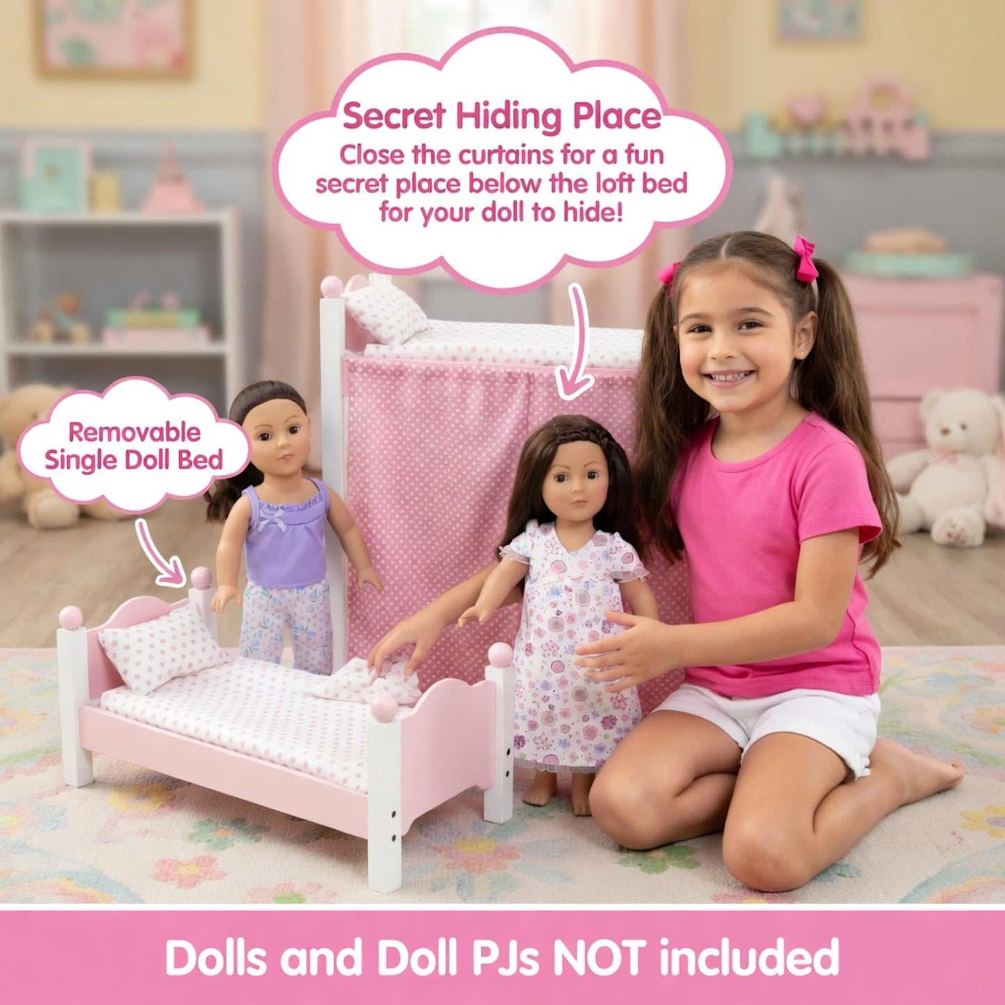 Emily Rose 18 Inch Doll Loft Bunk Bed Pink - Wooden Doll Bunkbed with Storage Shelves, Ladder, Removable Single Bed, 2 Polka Dot Bedding Sets & Curtains - Fits American Girl Dolls