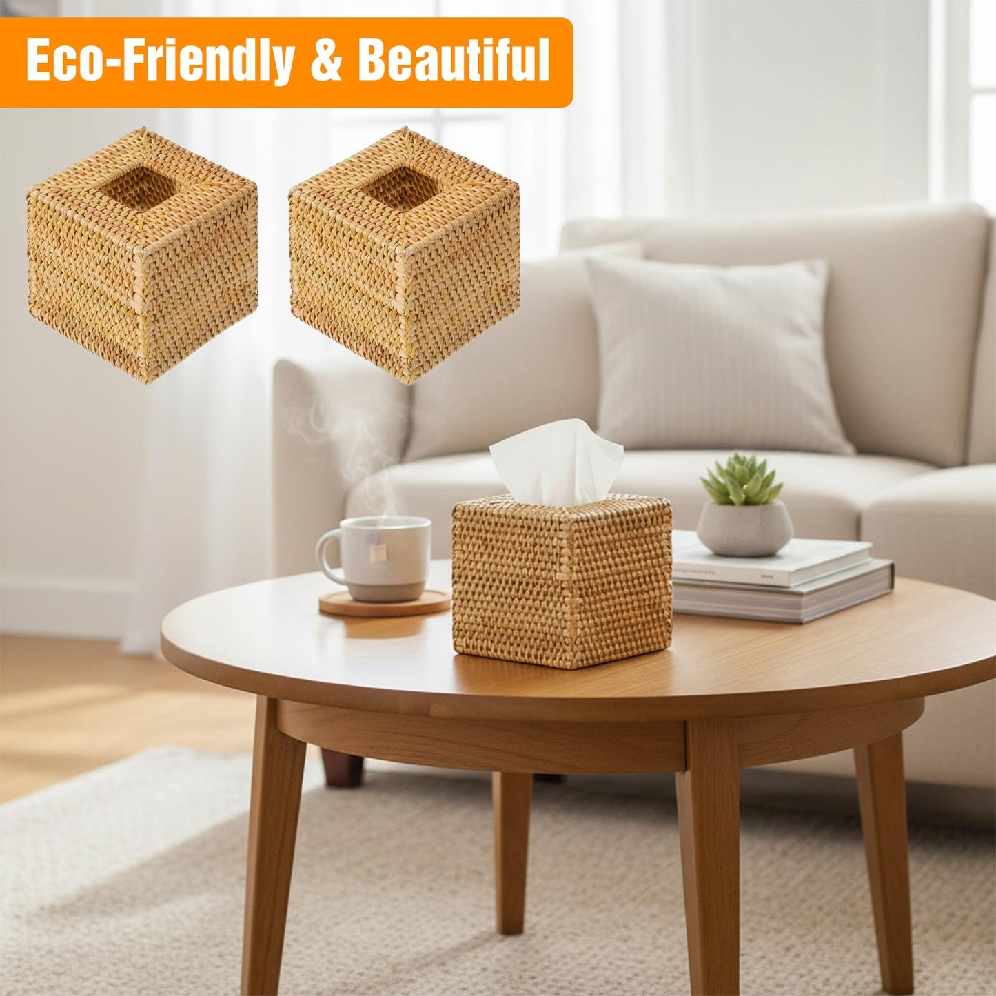 Afcabakila 2 Pack Square Rattan Tissue Box Cover, Natural Wicker Tissue Box Holder Hand Woven, Decorative Facial Tissue Holder for Bathroom, Living Room, Office, Car, 5.5 x 5.5 x 5.5 Inches