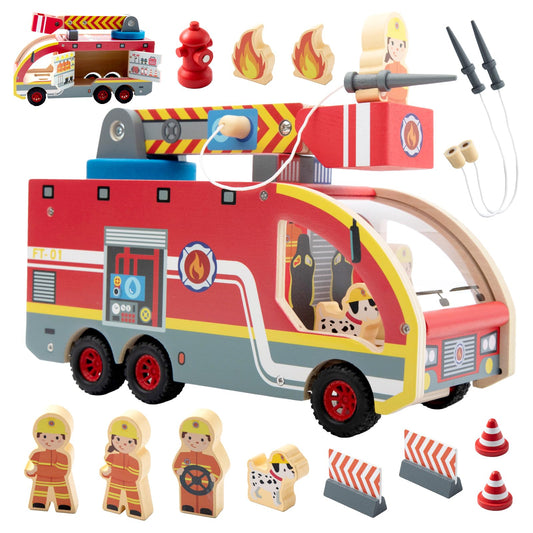 Nene Toys Wooden Fire Truck Toy Set – FSC Fire Engine with Rotating Ladder, Magnetic Hose, Hydrant, 3 Firefighters, Dalmatian & Accessories – Durable Wood Truck Toy for Kids 2+