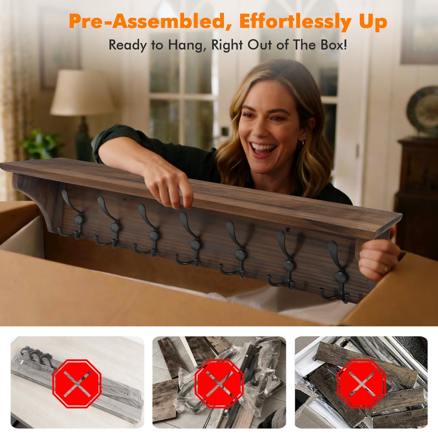 33" Coat Rack with Shelf Wall Mount, Pre-Assembled Solid Wood Coat Hooks with Shelf, Wall Coat Hanger with 7 Metal Triple-Hooks for Hanging Hat,Key,Clothes,Towel, for Entryway,Bedroom,Bathroom,Charred