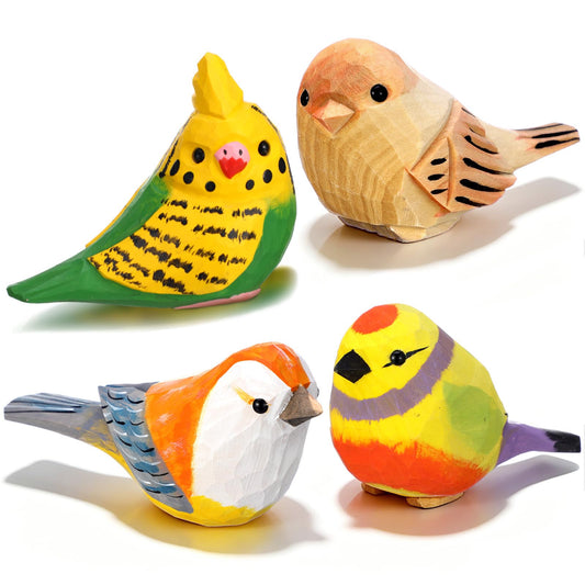 Novabright Hand-Carved Wooden Bird Statue Set of 4, Colorful Lifelike Miniature Figurines for Home Decor, Shelf Accents, Rustic Table Decorations & Bird Lover Gifts