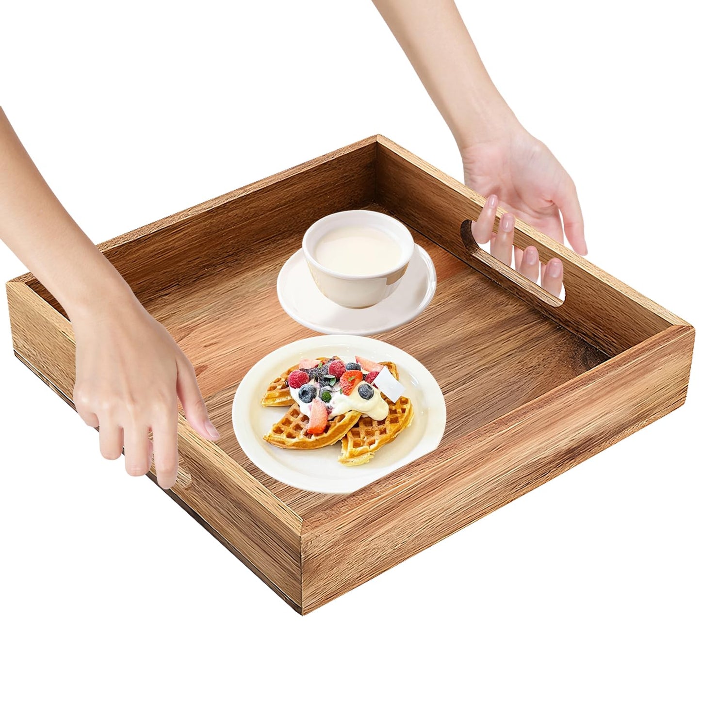 Large Acacia Wood Serving Tray, 17 Inch Square Ottoman Tray with Handles, Big Wood Platter for Living Room, Oversized Wooden Trays for Ottoman Decorative Food Coffee Table Party Bed Dinner Topper