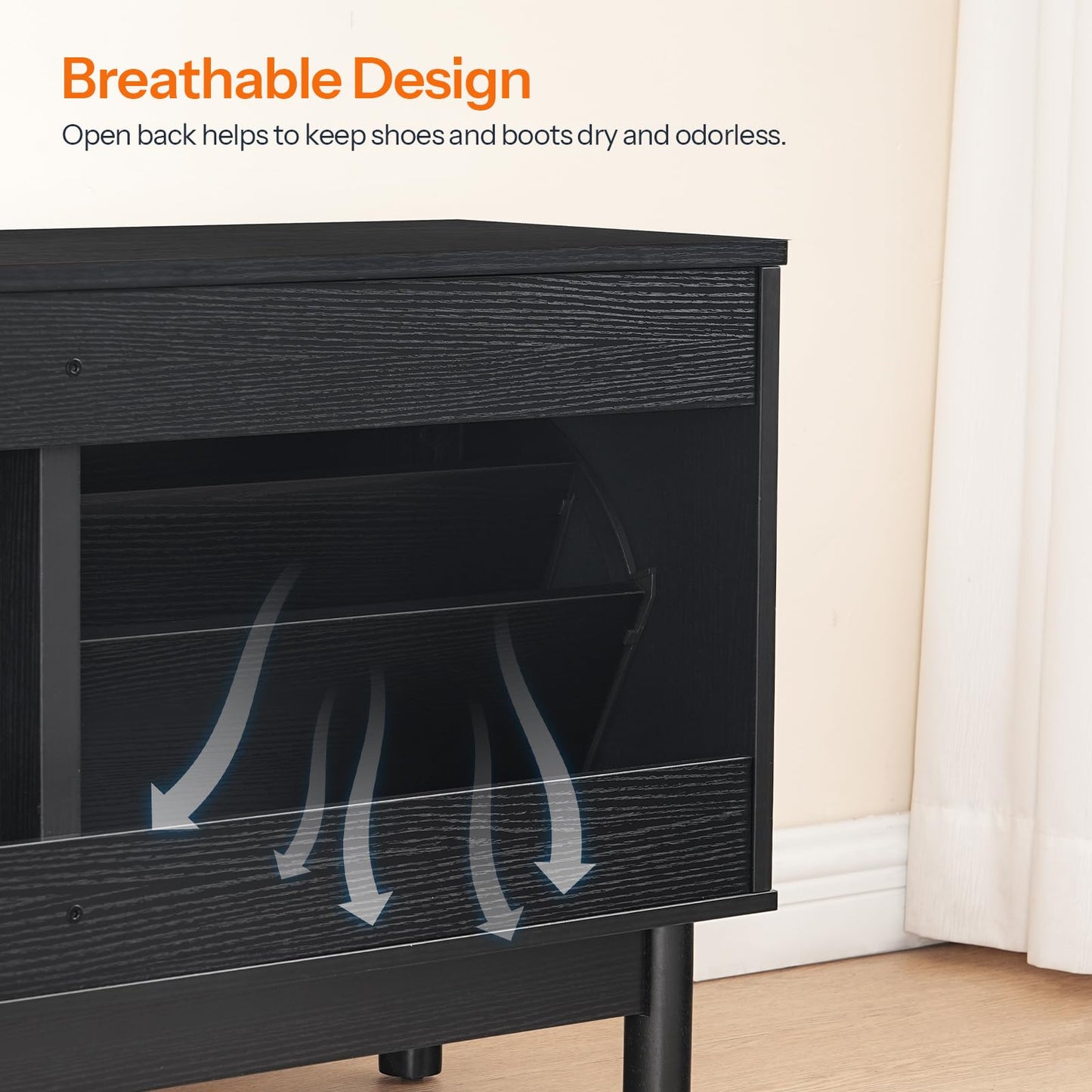 HOOBRO Rattan Shoe Storage Bench with Double Flip Drawers, Narrow Shoe Storage Organizer for Entryway, 11.8" D x 39.4" W x 20.9" H, Hidden Space Saving Wooden Shoe Cabinet for Hallway, Black BN51HX01