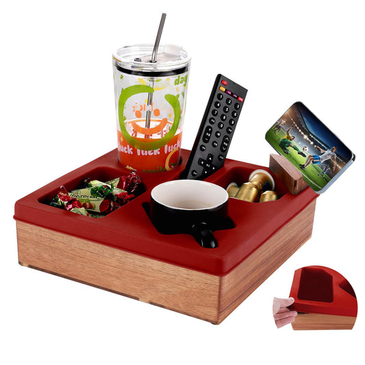 Couch Cup Holder Tray, Silicone Wooden Couch Caddy with Cup Holder for Snacks, Drinks, Remotes, Waterproof Cup Holder for Couch, Organizer, Couch Drink Holder, (red)