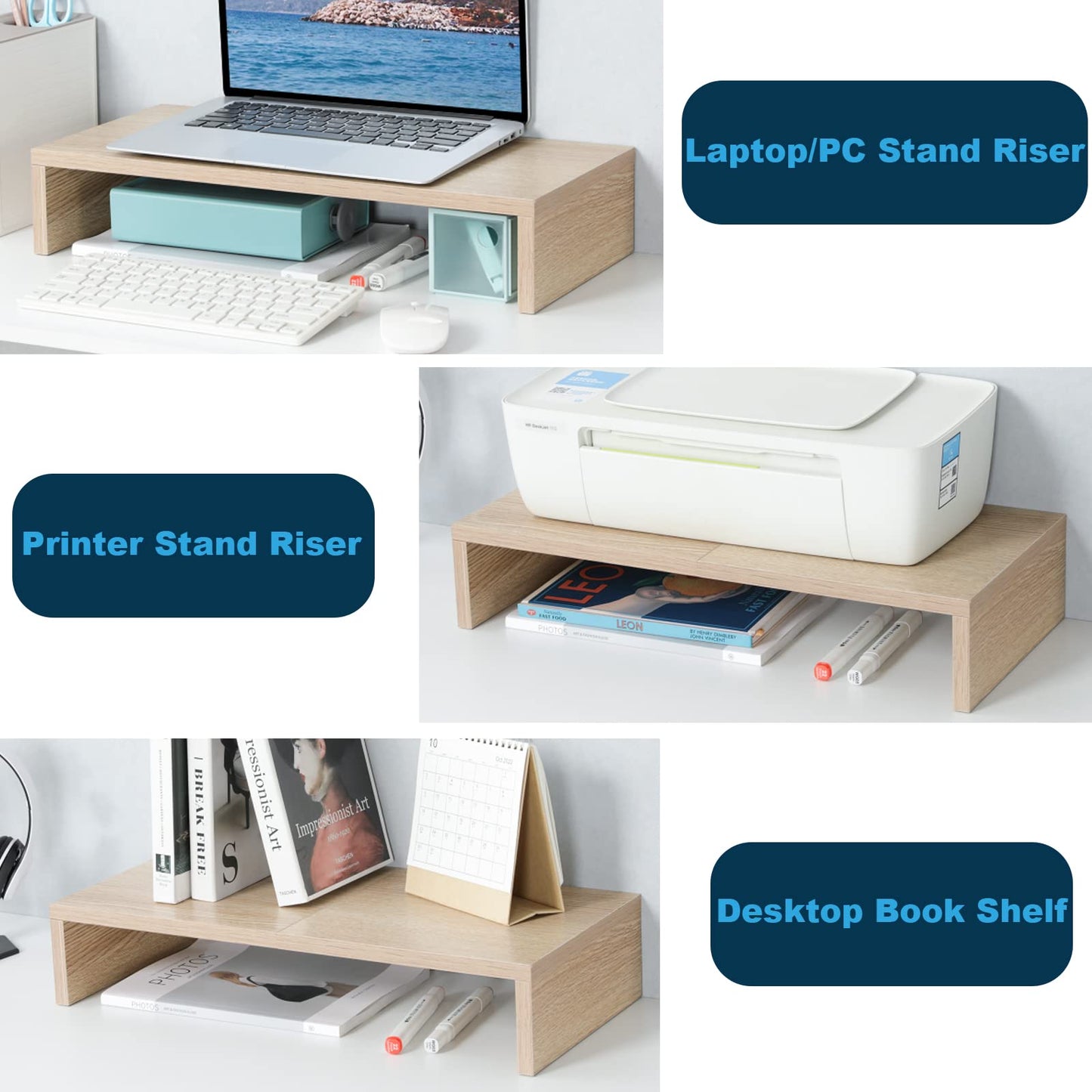 TEAMIX 20 inch + 14.2 inch Maple Monitor Stand Riser, Wood Monitor Stand for Desk TV/Screen/PC/Printer/Laptop Riser, Computer Stand with Keyboard Organizer, Desktop Shelf, Monitor Riser .