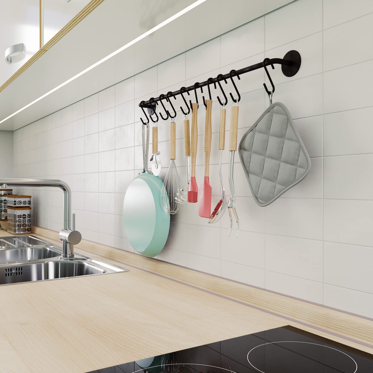 Wallniture 24" Gourmet Kitchen Rail for with 10 S Hooks for Hanging Utensils, Pot Pan Lid Rack Storage Organizer Set, Steel, Black