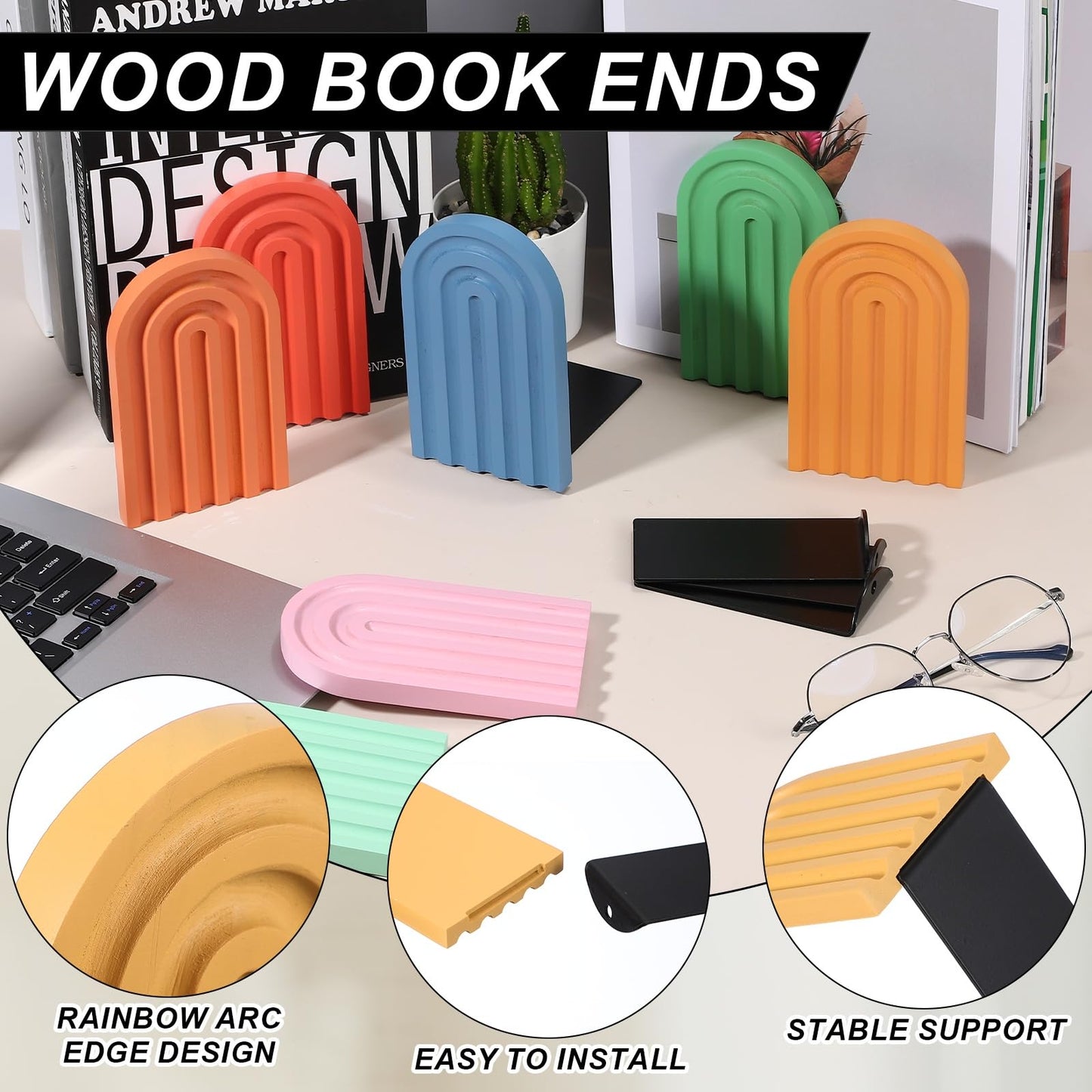 PATIKIL 4Pcs Boho Arch Bookends, Non-Skid Wood Book Ends Rainbow Wooden for Shelves Book Stopper Stand Cute for Holding Books Movie CD Home Office Library Decorative, Yellow/Pink/Blue Tone