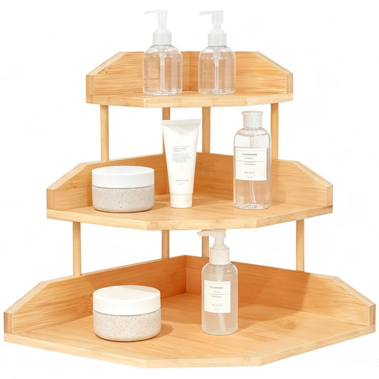 HYNAWIN Bamboo Corner Desk Organizer Shelf, 3-Tier Triangle Storage Rack for Office & Home, Space-Saving Desktop Shelf for Books, Stationery, Makeup, Small Items