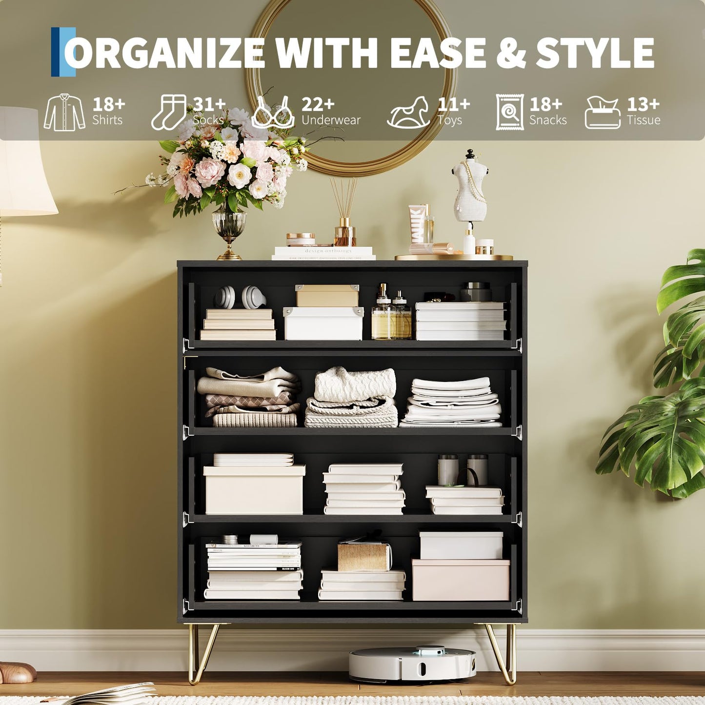GarveeHome Fluted Dresser for Bedroom with 4 Drawers,32" Wide Modern Chest of Wooden Bedroom Chest with Metal Handle,Clothes Storage Organizer,Dresser & TV Stand for Living Room,Black