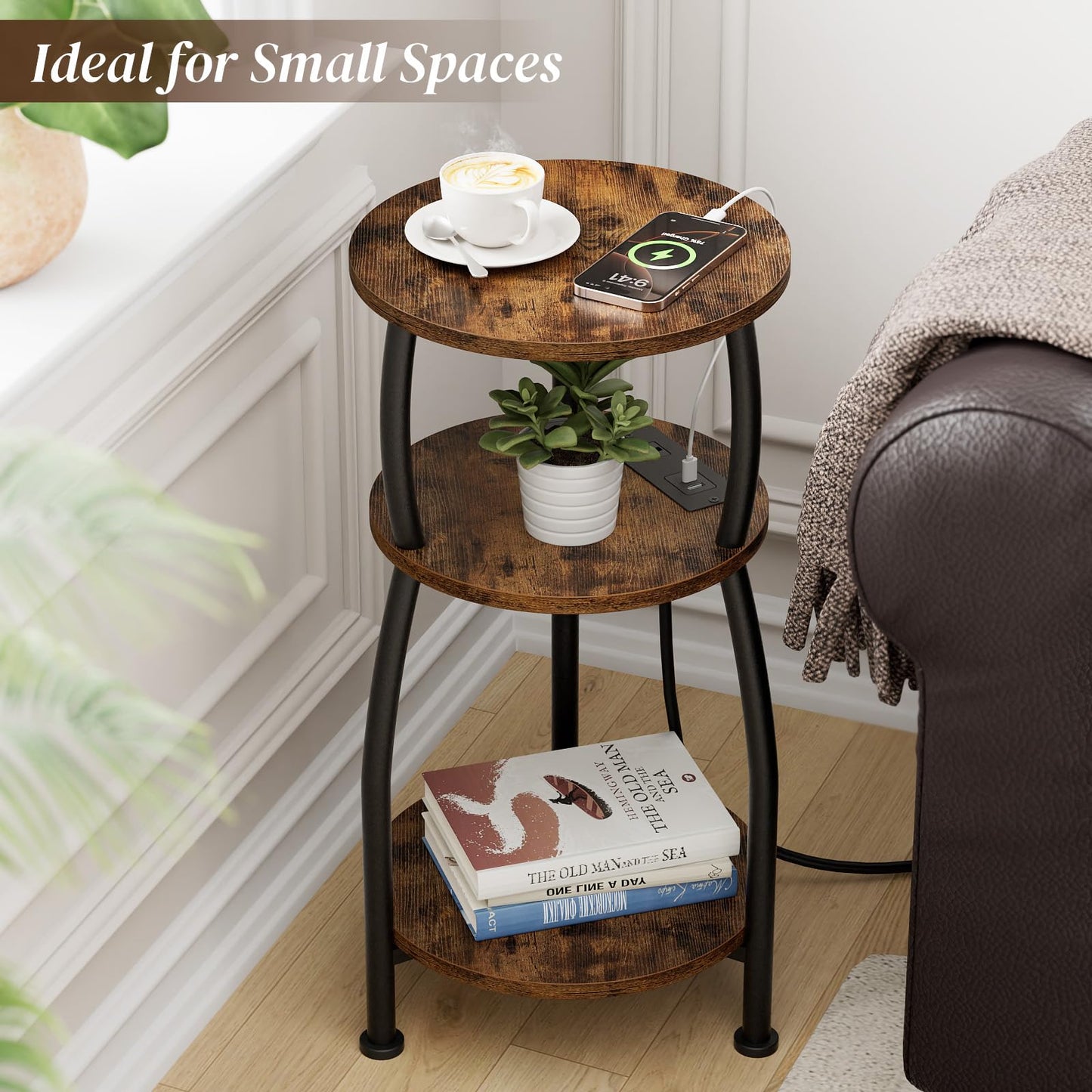 Yuede Round Side Table with Power Outlet & USB Ports, 3-Tier End Table with Storage Shelf, Modern Rustic Nightstand, Small Spaces Accent Table for Living Room Bedroom, Easy Assembly, Rustic Brown