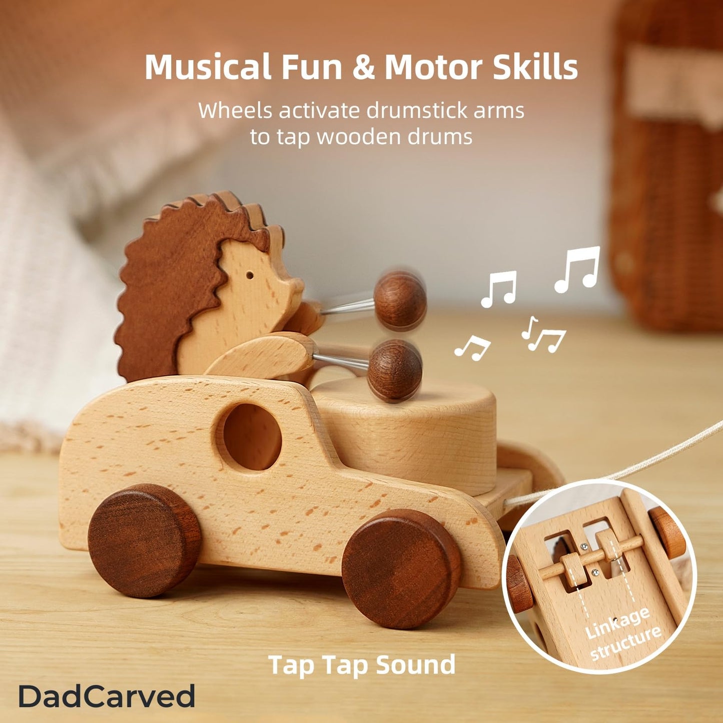 DadCarved Hedgehog Pull Toy | Montessori Wooden Pull-Along Walking Toy with Wooden Grip Ring | Natural Drumming Sound for Kid Toddlers