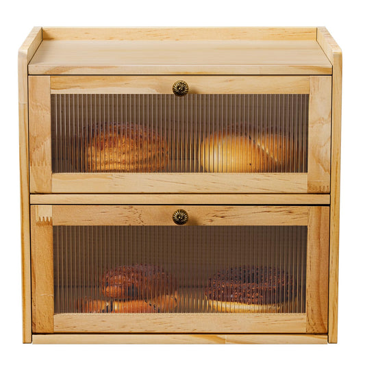 Bread Box for Kitchen Countertop Wooden Bread Storage Container Bin 2 Layer Corner Breadbox Large Capacity, Vintage Farmhouse Food Organizer Pantry Shelf with Window Natural Pine Wood