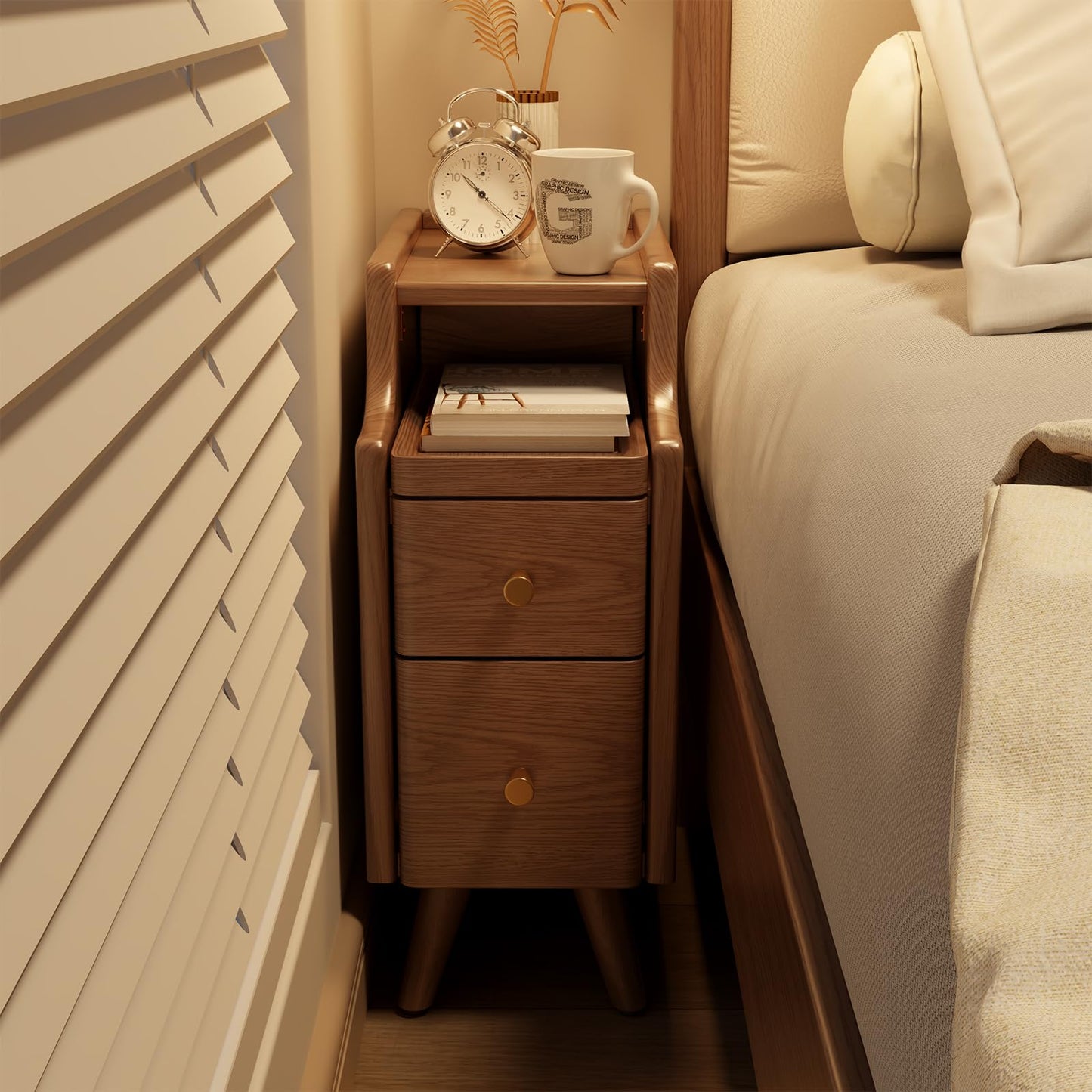 AQIMUELE Small Nightstand with Drawers, Solid Wood Bedside Table, Narrow Walnut Nightstand for Bedroom