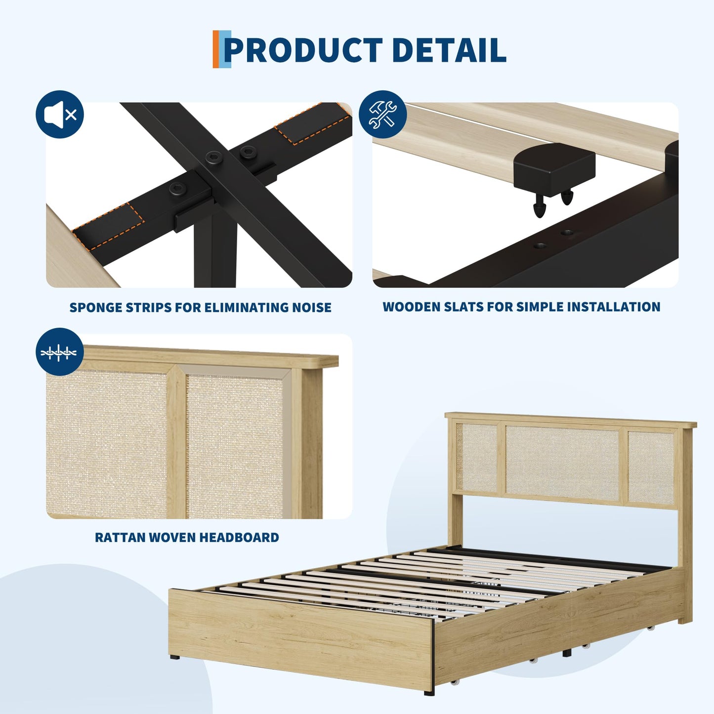 GAOMON Full Size Rattan Bed Frame with Natural Woven Headboard, Strong Wooden Slats and Metal Platform Base, Quiet Design, No Box Spring Required, 4 Storage Drawers