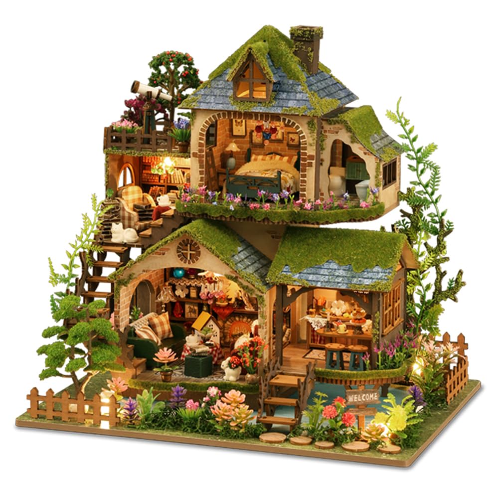 Yuzhen DIY Miniature Dollhouse with Furniture and LED Lights, Wooden Dollhouse Includes Dustcover and Music Movement