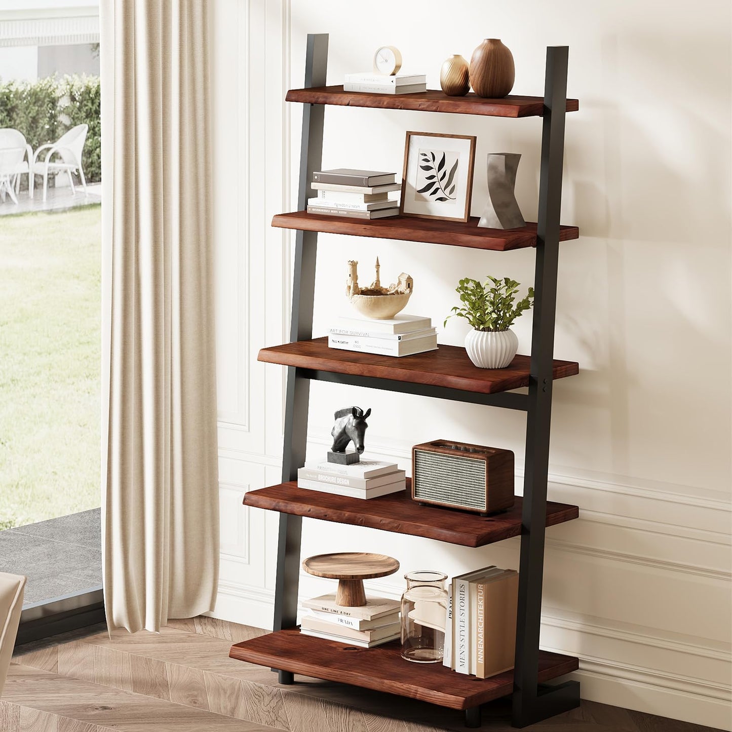 IBF 5-Tier Solid Wood Ladder Bookshelf with Natural Live Edge