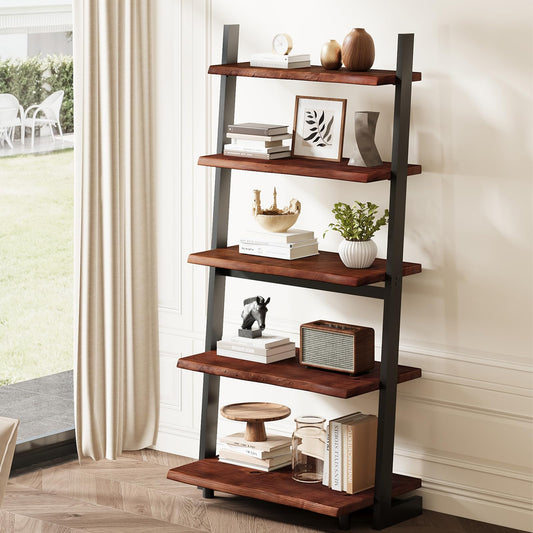 IBF 5-Tier Solid Wood Ladder Bookshelf with Natural Live Edge