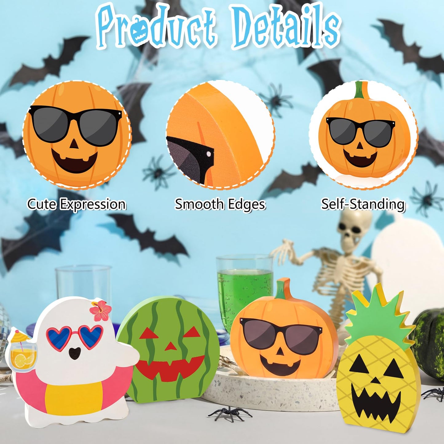 Kathfly 4 Pcs Summer Halloween Tiered Tray Decor Tropical Wooden Table Signs Spring Hawaii Ghost Pumpkin Watermelon Pineapple Decorative Trays for Halloween in Summer Shelf Desk Display Party Gifts