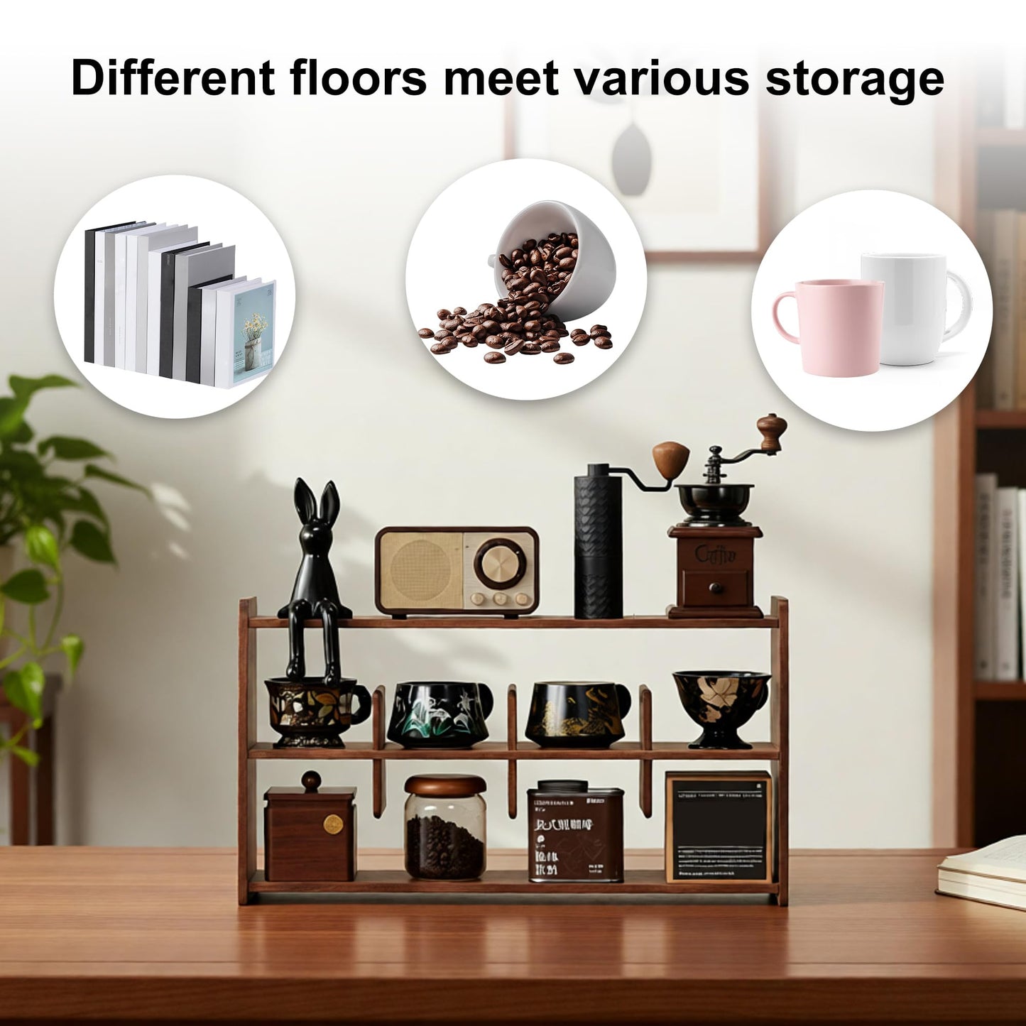 KAOTGOT Coffee Cup Holder for Countertop Walnut Wood Coffee Mugs Holder for Kitchen Mug Display Rack (3-Tier Walnut wood A)