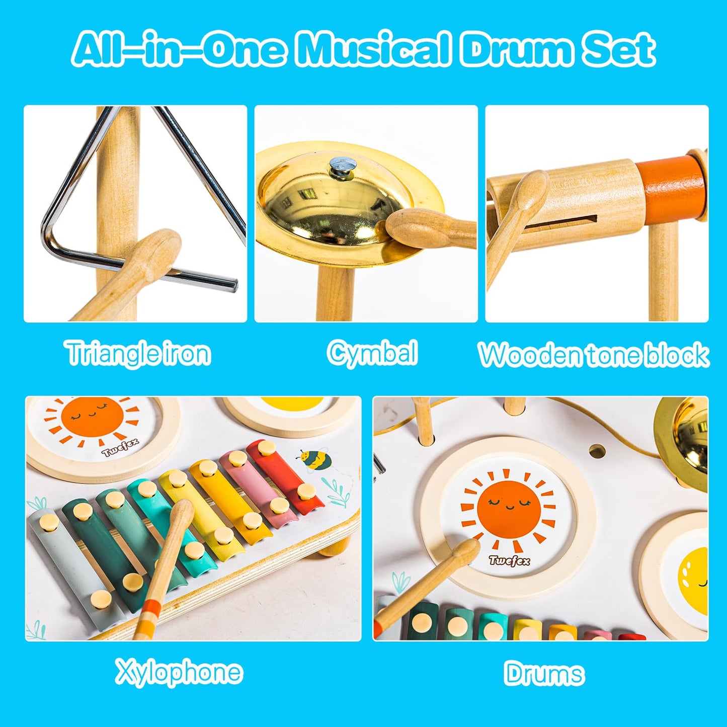 Twefex Kids Drum Set - 9 in 1 Baby Drum Set for Toddlers - Montessori Musical Instruments Toy for Babies - Wooden Xylophone Musical Toys for Boys and Girls