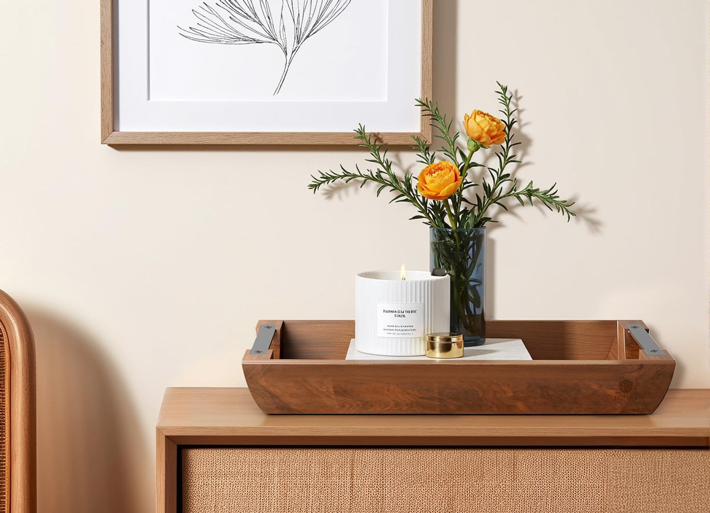 Dofira Acacia Wood Serving Tray with Metal Handles, 15x10 Inch Decorative Tray for Coffee Table Ottoman - Rustic Wooden Breakfast & Drink Tray, Farmhouse Centerpiece