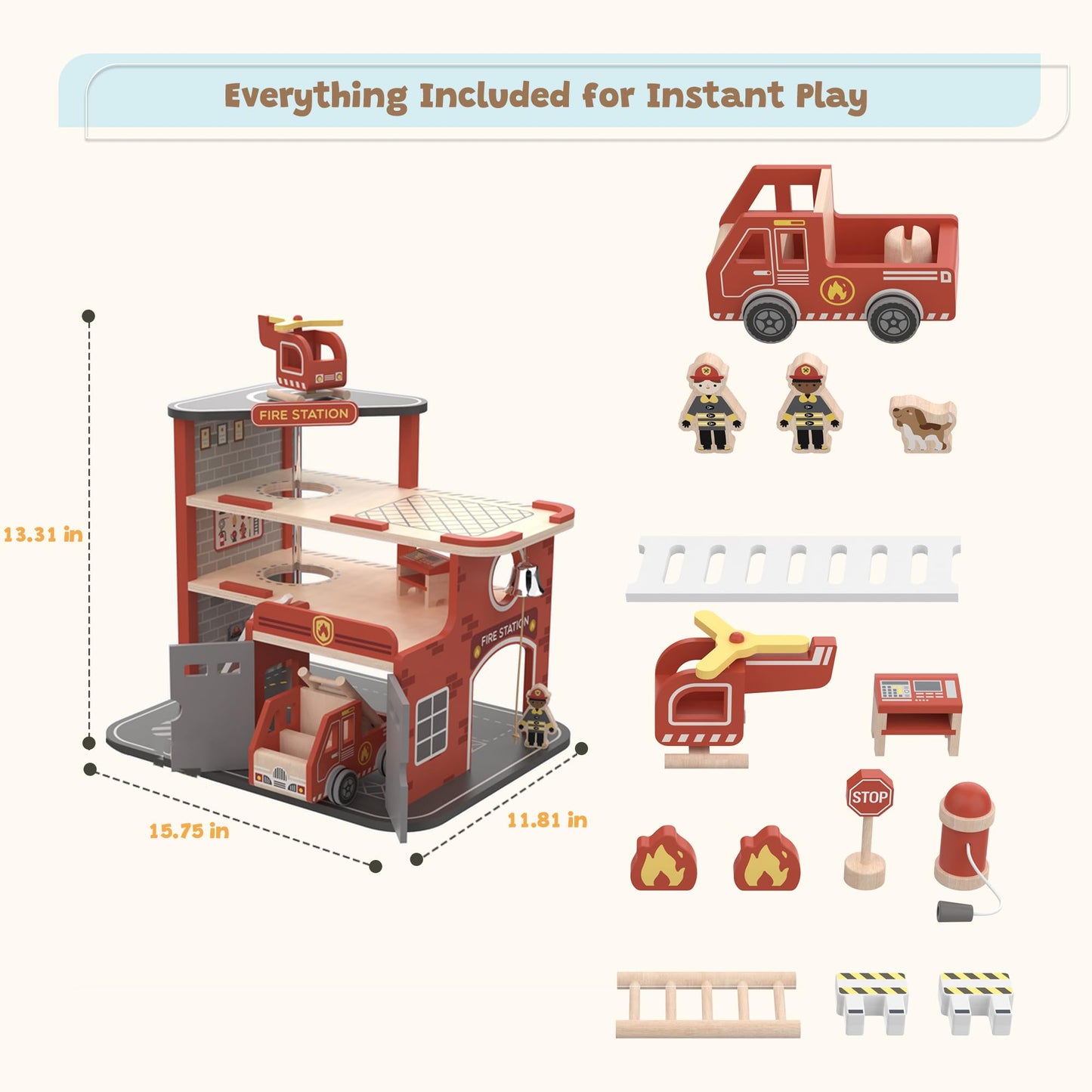 Freniland Wooden Fire Station Playset, 4-Level Pretend Play Firehouse with Fire Truck, Helicopter, Figures & Accessories, Educational Role Play Toy for Toddlers Kids Age 3+