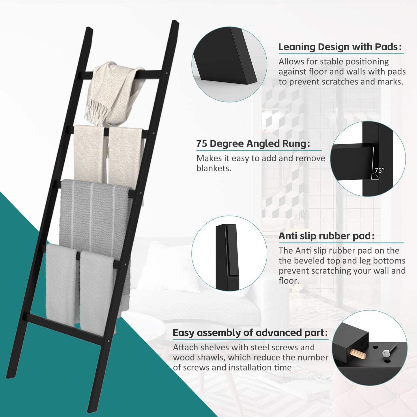 POXAKA Blanket Ladders for The Living Room, 5-Tier Blanket Holder, Wall-Leaning Blanket Rack, Ladder Shelves, Wooden Quilt Ladder, Farmhouse Decor, Scarf Ladder Shelves for Living Room, Bedroom