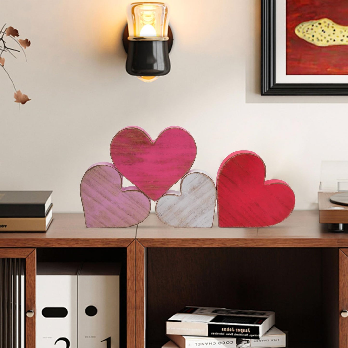 COCHIE Wooden Hearts Valentines Decorations Indoor, Wood Heart Blocks Tiered Tray Decor Set of 4, Red Pink White Valentine Decoration for Home Party Office Shelf Door (Retro)