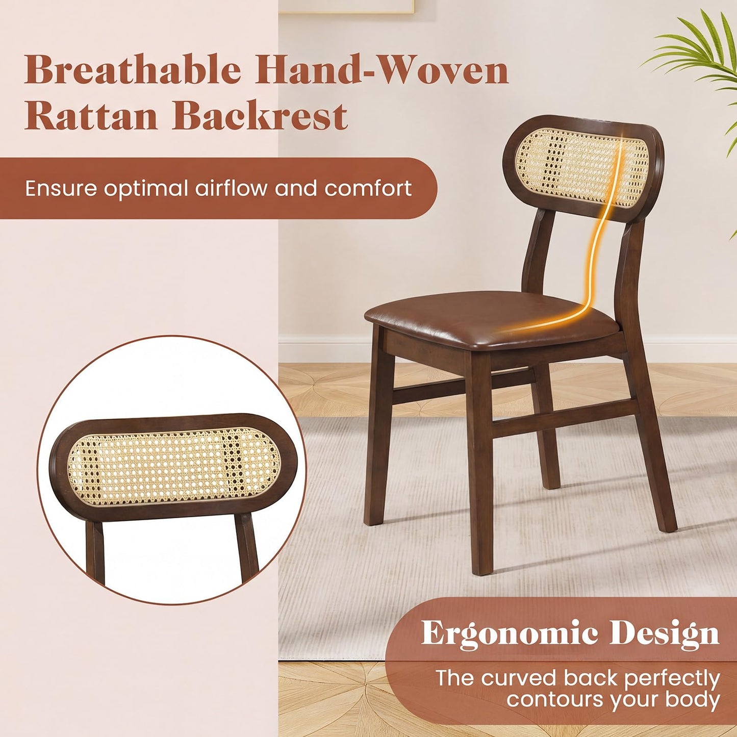 Giantex Wooden Dining Chairs Set of 2, Faux Leather Upholstered Kitchen Chairs w/Breathable Mesh Cane Backrest, Rubber Wood Frame, Padded Seat, Farmhouse Armless Side Chairs for Dining Room, Coffee