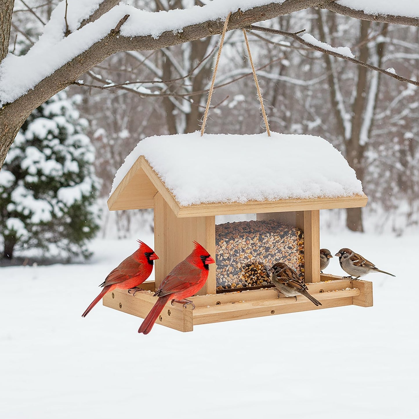 Zeqeey Hanging Wooden Bird Feeder, Outdoor Large Capacity Wood Birdfeeder for Feeding Outside Garden Wild Birds Finches Robin Sparrow Blue Jay Chickadees