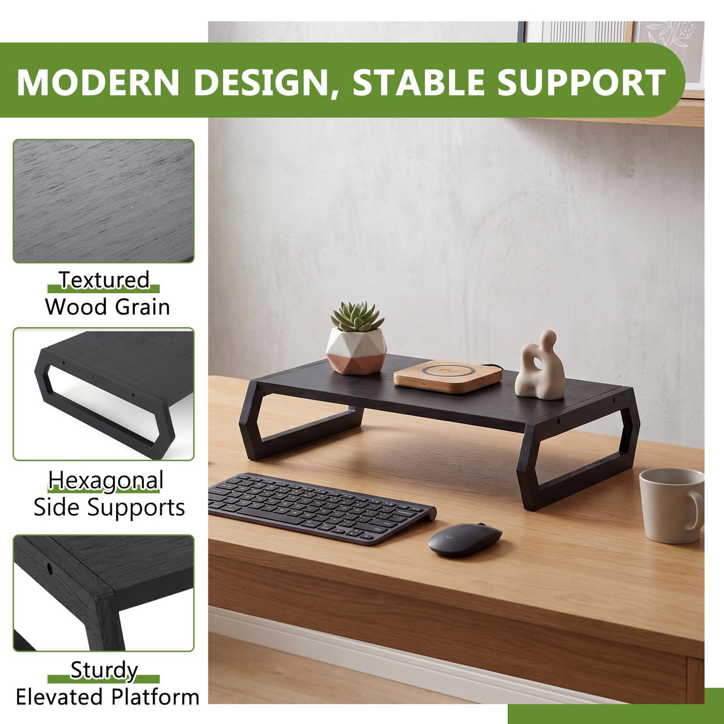 Wenqik Wood Monitor Stand Riser 14.2 Inch Black Wood Desktop Monitor Stand for Laptop PC Computer TV Screen for Home Office (Hexagonal Design)