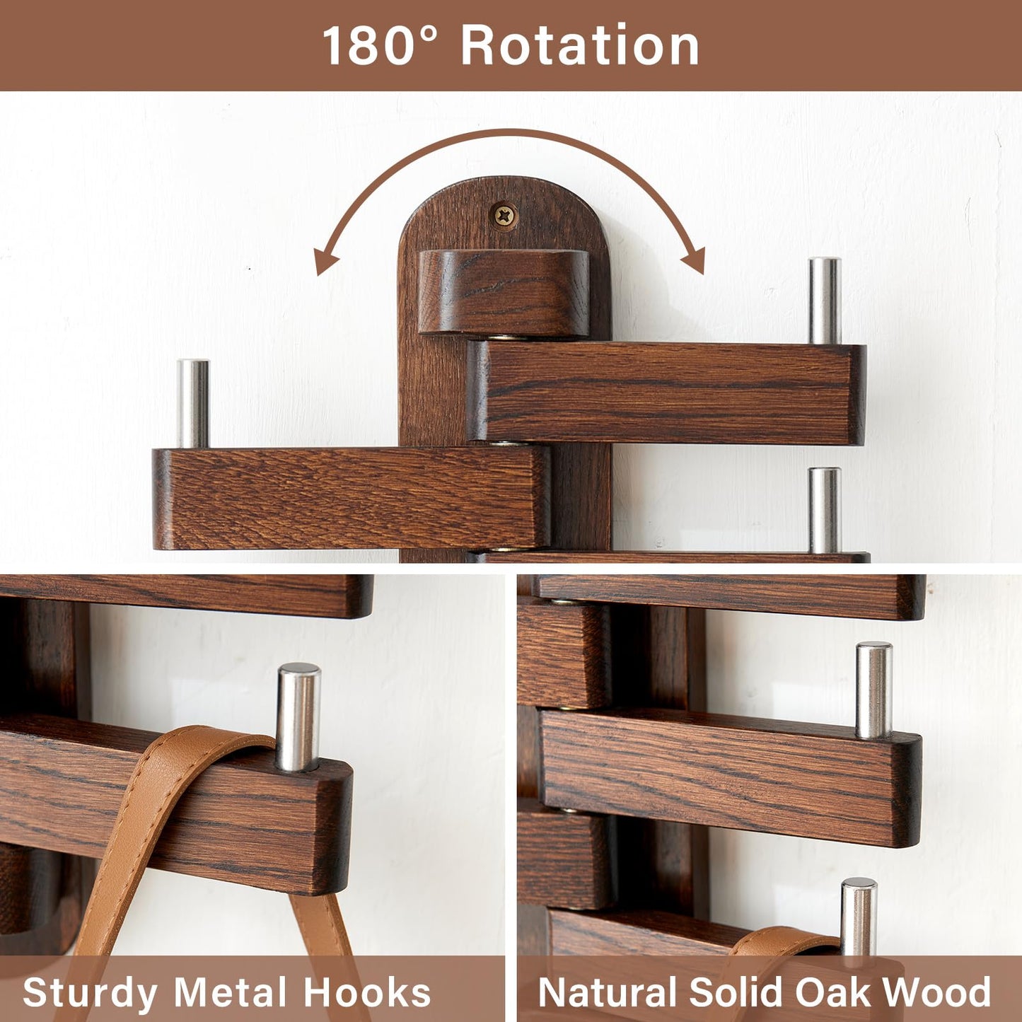 TRWISWDC Swivel Coat Rack Oak Coat Hooks, Wood Wall Hooks with 5 Swivel Foldable Arms, 12'' Length Wall Coat Rack Hat Hooks for Bathroom Entryway Bedroom Office Kitchen, Heavy Duty (Walnut)