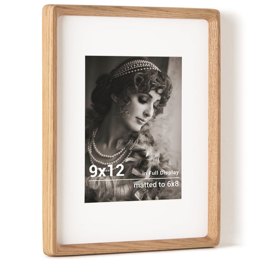 Fun Memories 9x12 Picture Frame, USA-Sourced Oak Wood Photo Frames with HD Tempered Glass, Handcrafted Rounded Corner 9 x 12 Wooden Frames Matted to 6x8 Photos, 9x12 Frame, Tabletop or Wall Display