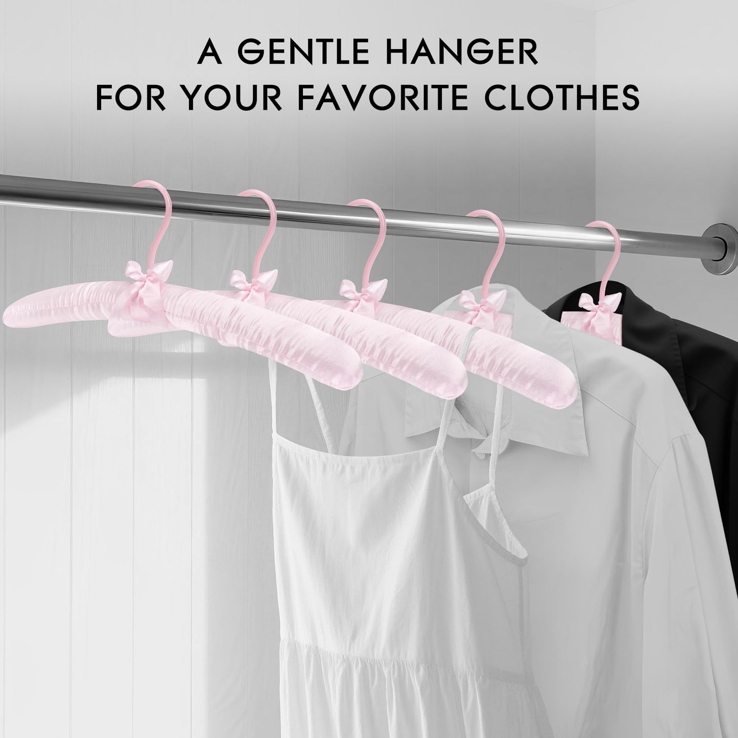 BUNCHBRAVO Women's Satin Padded Hangers – 15" Foam-Filled Wooden Clothes Hangers with No Shoulder Bumps, Bow Accent, for Sweaters, Blouses, Dresses – 5 Pack (Pink)