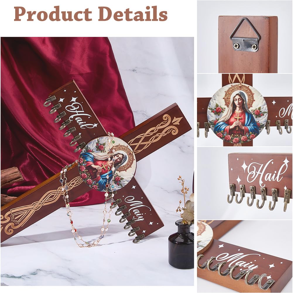 DICOSMETIC Wooden Rosary Holder Wall Mounted with 14 Hangers Wall Mounted Necklace Organizer 15.75"x11.81" Cross Decorative Hanger Large Catholic Rosary Holder for Necklace, Bracelet Storage