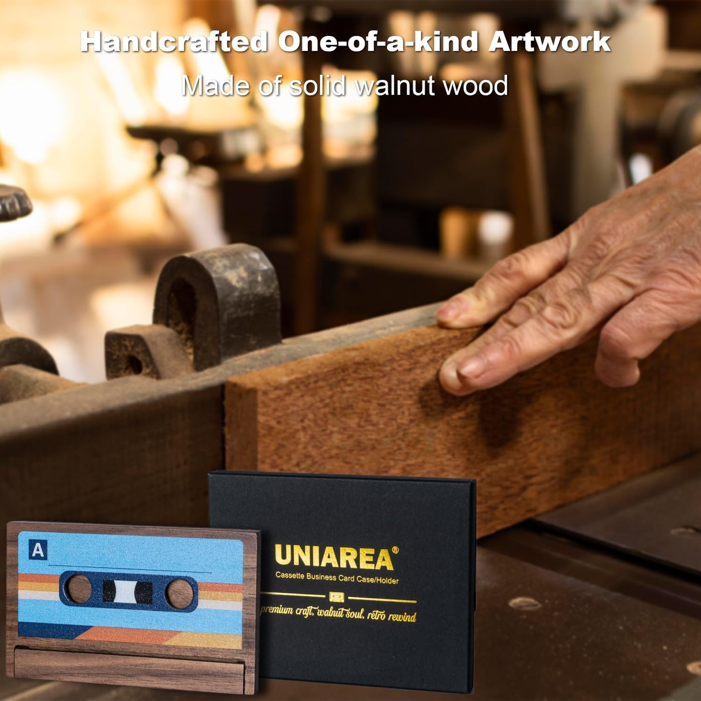 Wood Business Card Holder Case Cassette Shaped, Solid Walnut Wood Credit Card Holder Desk Wallet Personalized Nostalgia Unique Birthday Anniversary Christmas Gift for Husband Dad Friends Family Men