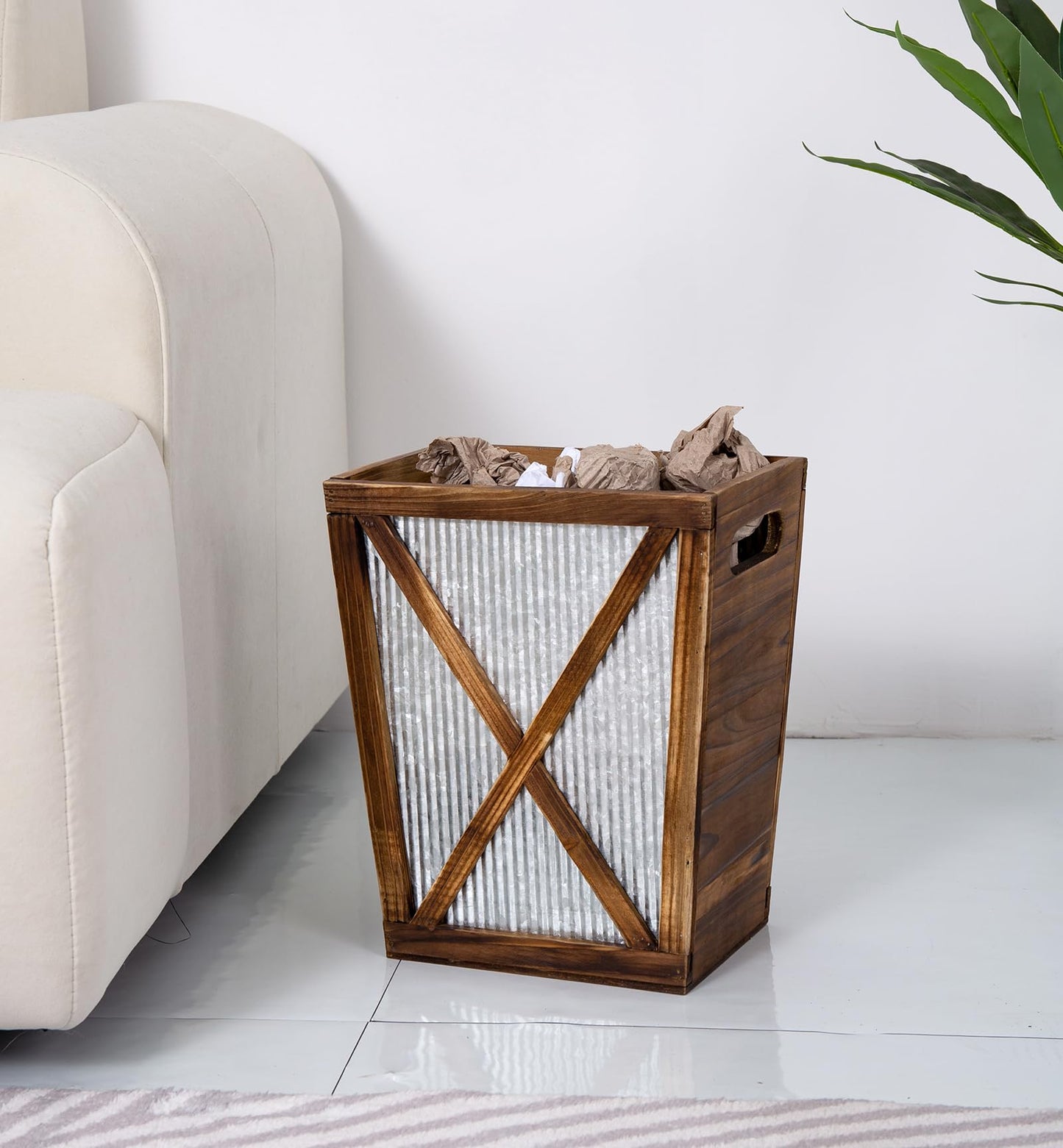 Venalys Small Wood Trash Can Wastebasket, Decorative Barn Door Garbage Can Waste Basket, Rustic Distressed Rectangular Trash Bin, Farmhouse Wooden Storage Basket Waste Paper Bin (Brown)