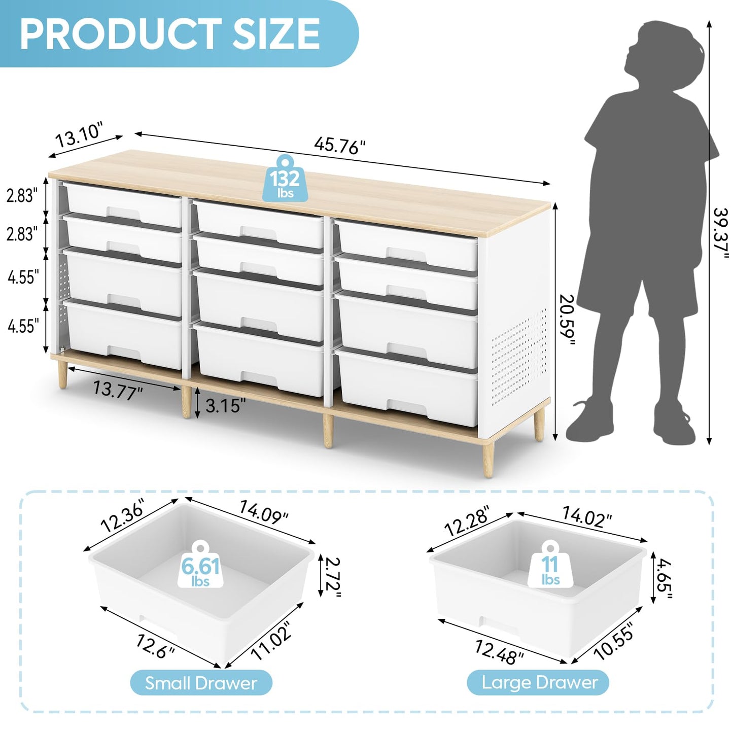 12 Drawers Storage Cabinet with Wooden Top and Plastic Bins, Toy Shelf Storage Chest Cubby Organizer for Home, Office, Playroom, Classroom & Craft Room Storage (White)