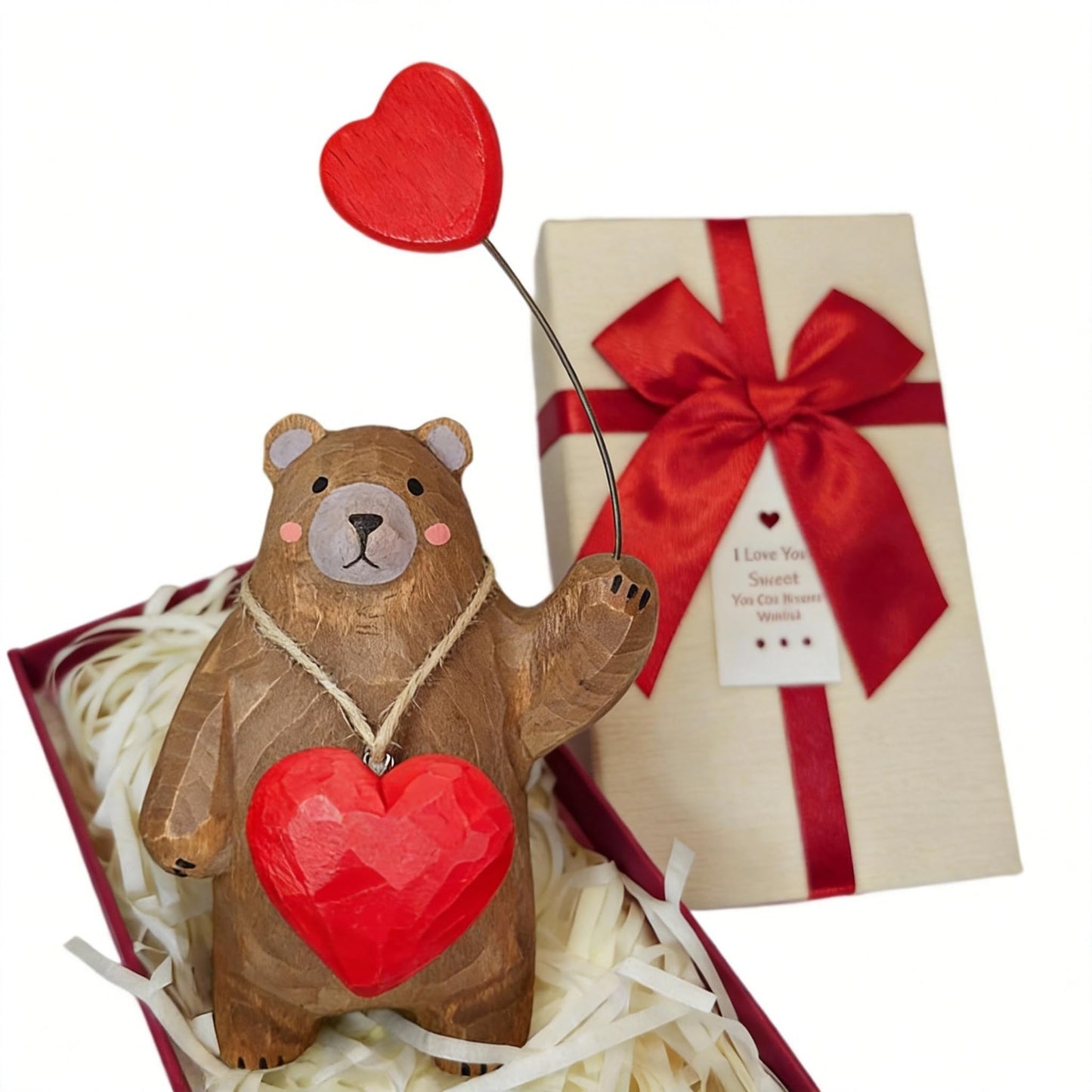 Hand Carved Wooden Bear Figurine with Red Heart - Cute 4 Inch Animal Statue for Rustic Home Decor - Romantic Valentine's Day, Anniversary, & Birthday Gift for Her, Him, or Couples - Gift Box Included