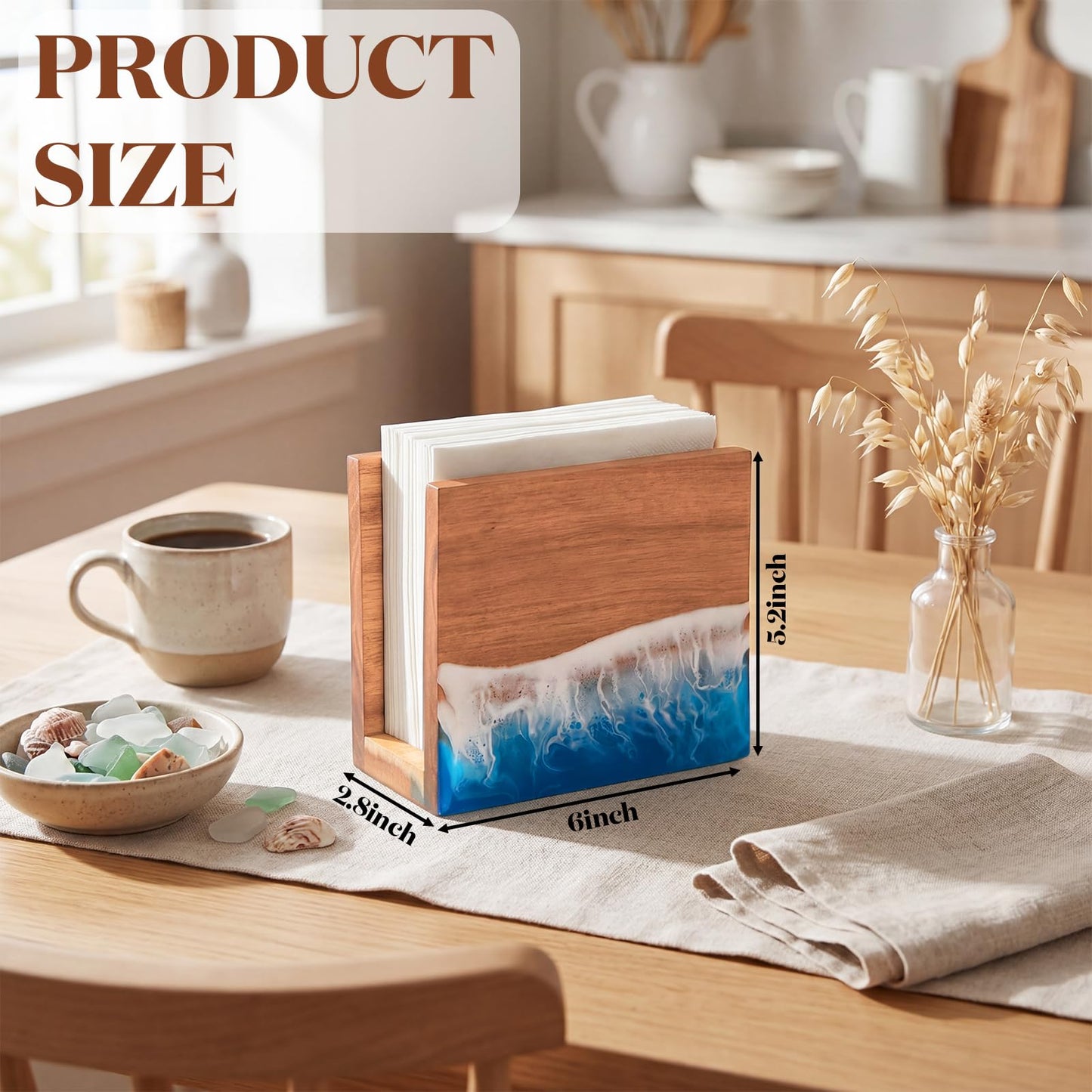 Hushee Acacia Wood Ocean Napkin Holder Resin Sea Wave Pattern Handcrafted, Wooden Rustic Farmhouse Standing Napkin Dispenser for Kitchen Dining Room Party Cocktail Outdoor Summer Use, 6" x 5.2" x 2.8"