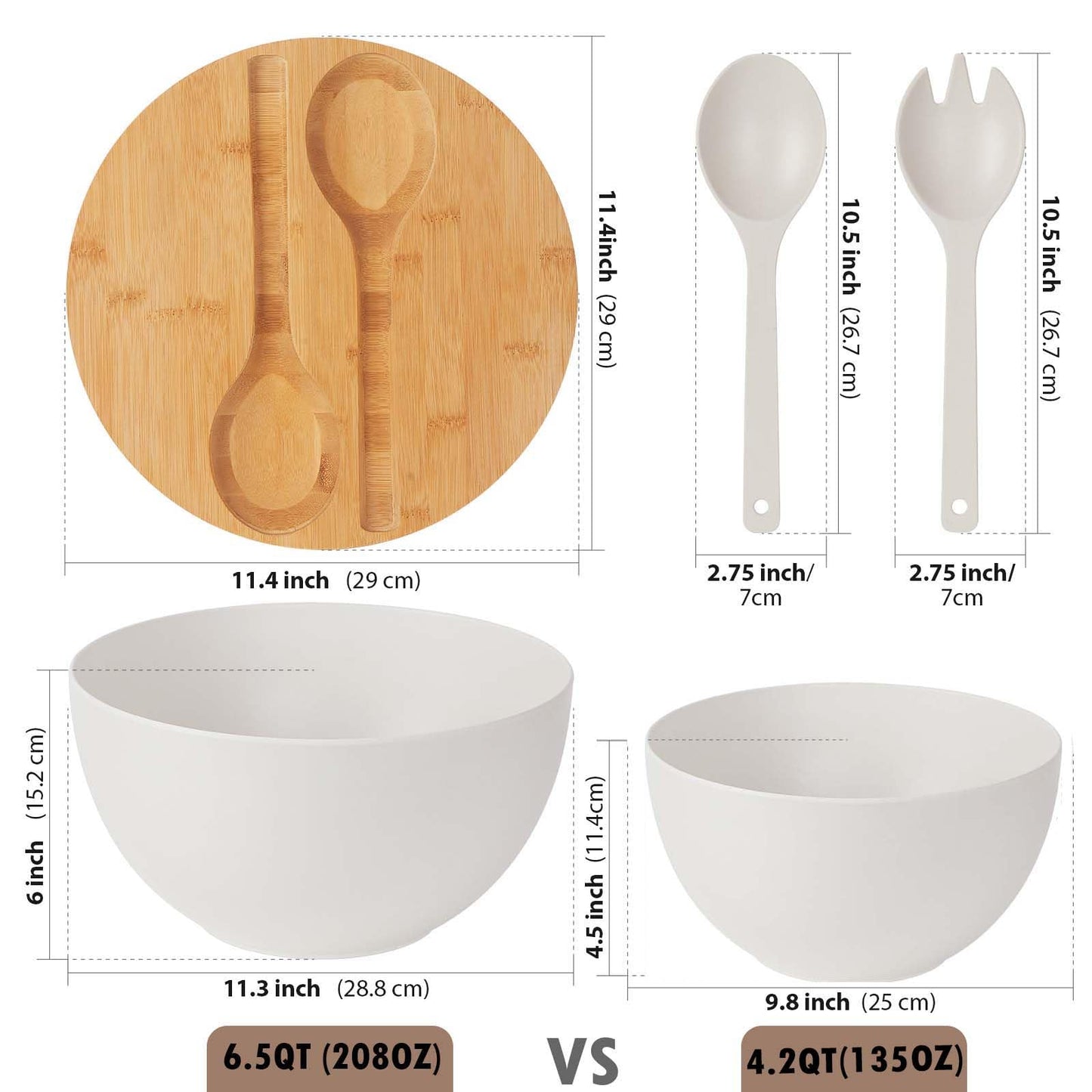 ECOHAGOU 11.3" Extra Large Salad Serving Bowl Set with Wooden Lid&Utensils, 6.5Qt., Bamboo Fiber Salad Bowl with Servers for Kitchen, Lightweight Big Bowl for Mixing Salad,Fruit,Pasta - Matte White