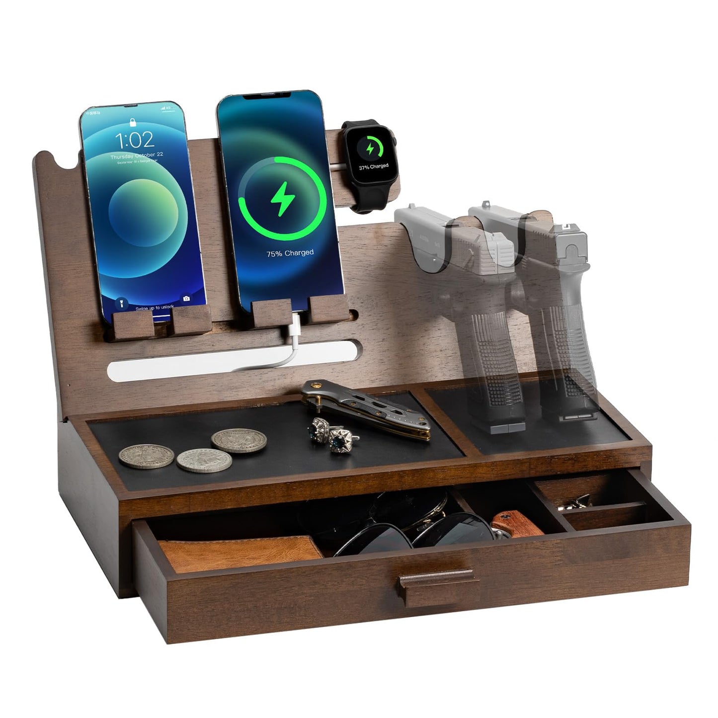 DGWJSU Phone Docking Station as Gifts for Men, Wood Pistol Rack As Nightstand Organizer for Gun Safe, Phone Charging Station as Gifts for Him Boyfriend Father in Anniversary Birthday Christmas