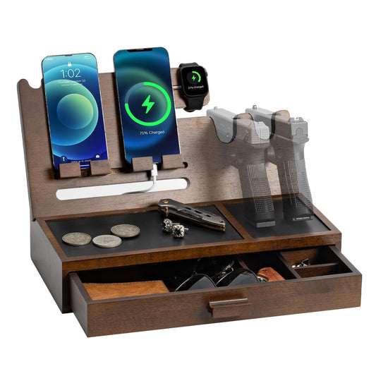 DGWJSU Phone Docking Station as Gifts for Men, Wood Pistol Rack As Nightstand Organizer for Gun Safe, Phone Charging Station as Gifts for Him Boyfriend Father in Anniversary Birthday Christmas