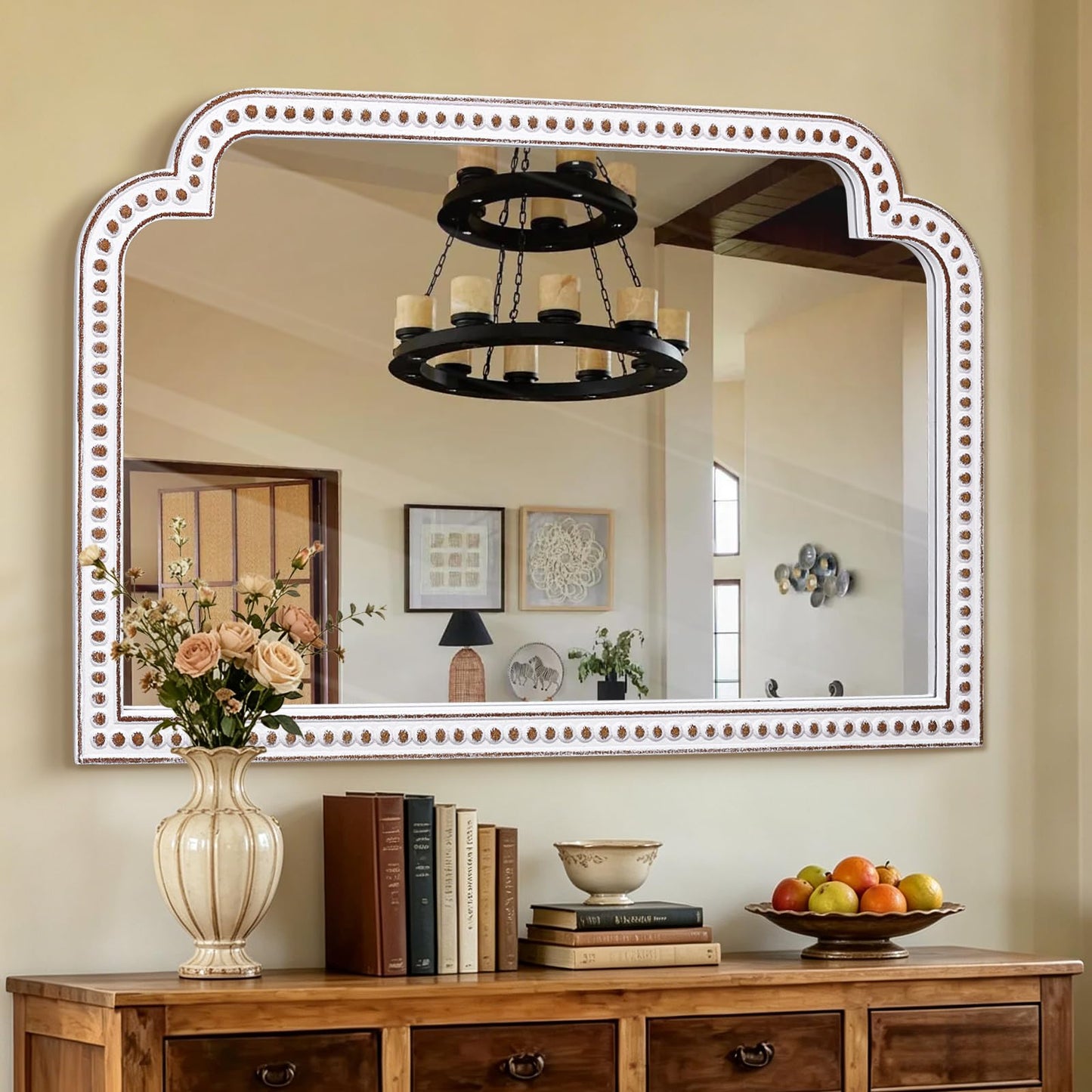 24x36 Inch Ornate Scalloped Arch Mirror, Wooden Antique Beaded Wall Mirrors