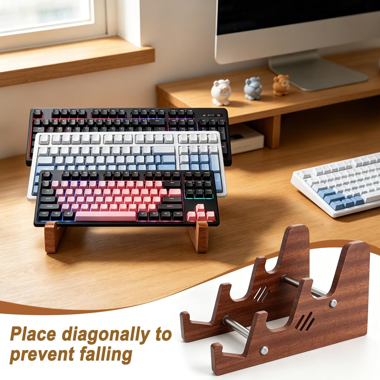 DHUJBFF 3-Tier Wood Keyboard Stand Detachable Display Rack for Mechanical Keyboards, Computer, Tablet, Desk Organizer with Sapele Wood, Easy Assembly, Strong Load Bearing for Office/Gaming